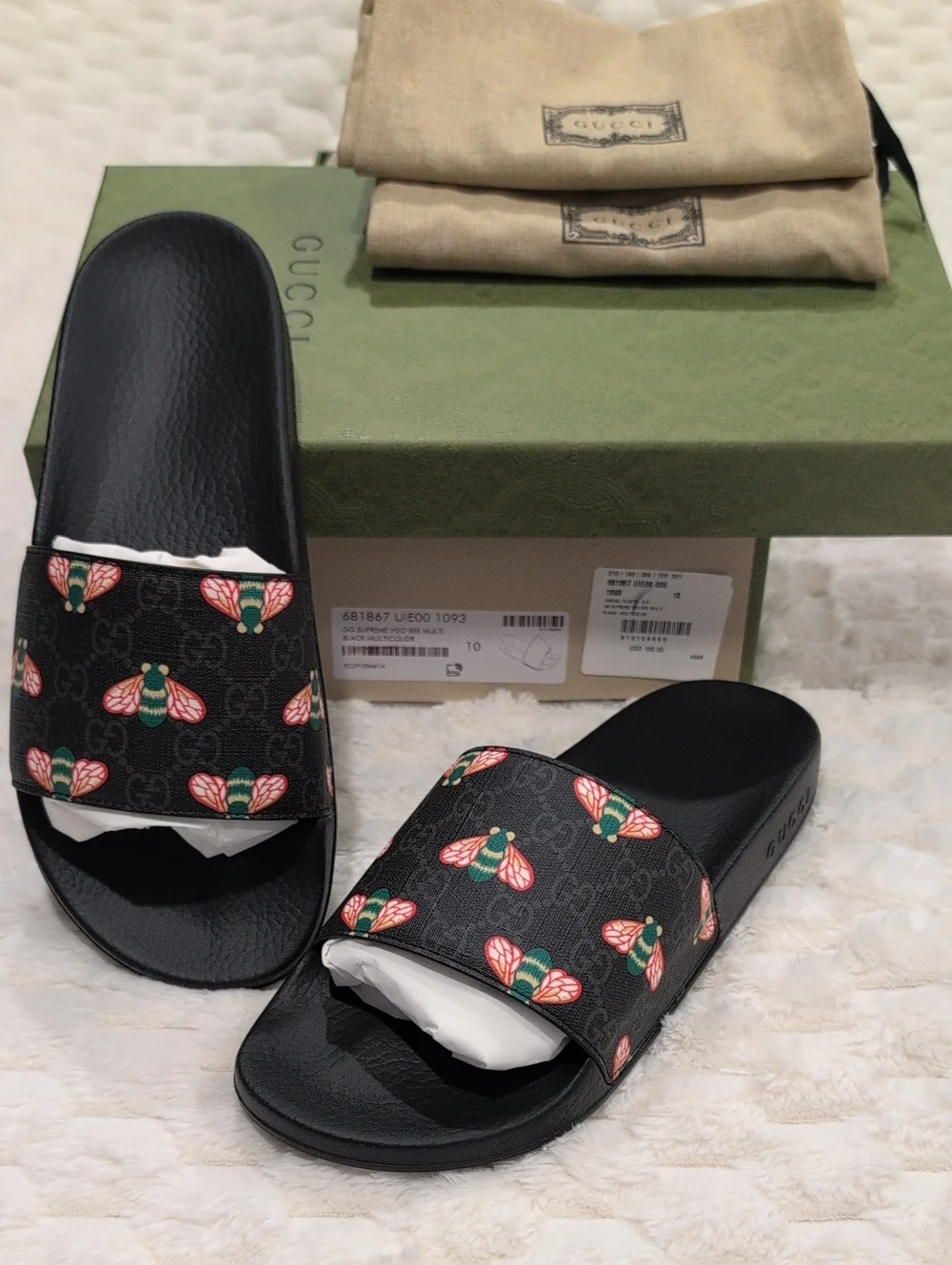 UK10 Gucci Black GG Bee Print Men’s Slide Sandals